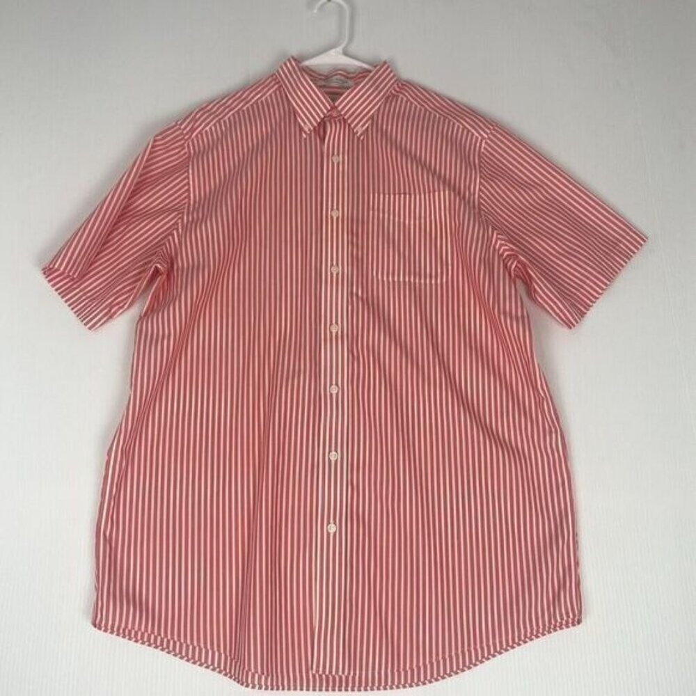 LL Bean Button Up Shirt Mens Size L Tall Pink Striped Short Sleeve 100% Cotton
